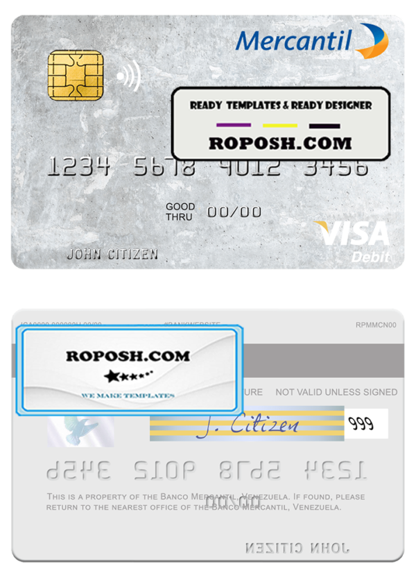 Venezuela Banco Mercantil visa debit card template in PSD format