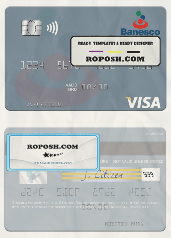 Venezuela Banesco Banco Universal visa debit card template in PSD format