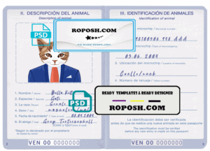 Venezuela cat (animal, pet) passport PSD template, fully editable