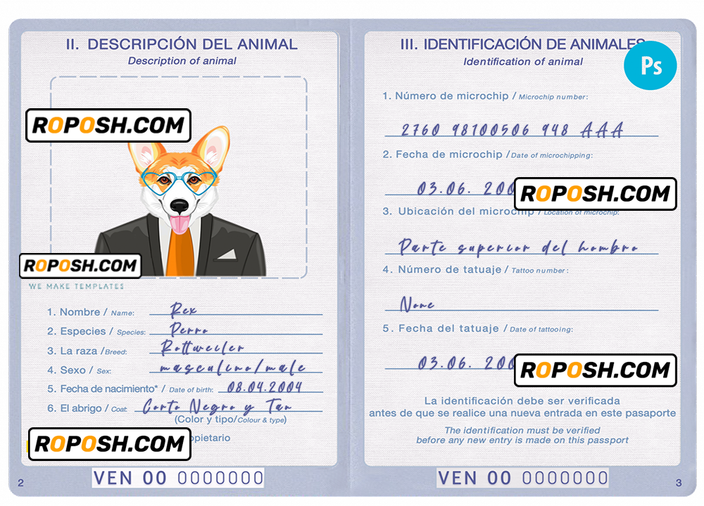 Venezuela dog (animal, pet) passport PSD template, fully editable