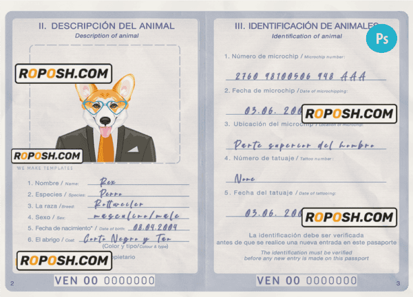 Venezuela dog (animal, pet) passport PSD template, fully editable