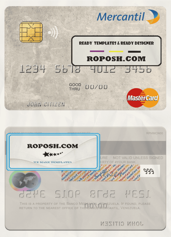 Venezuela Banco Mercantil mastercard template in PSD format
