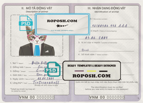 Vietnam cat (animal, pet) passport PSD template, fully editable