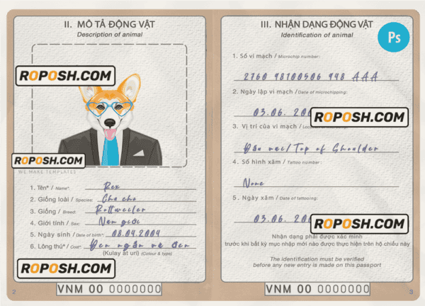 Vietnam dog (animal, pet) passport PSD template, fully editable
