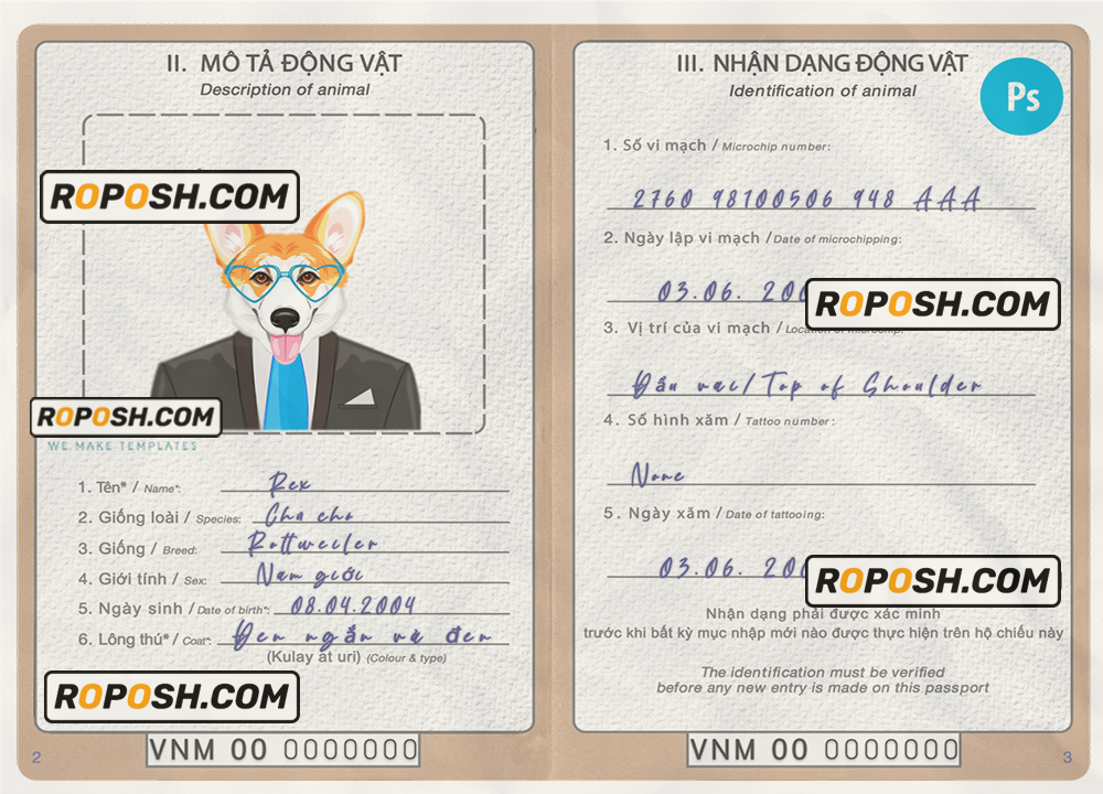 Vietnam dog (animal, pet) passport PSD template, fully editable scan effect