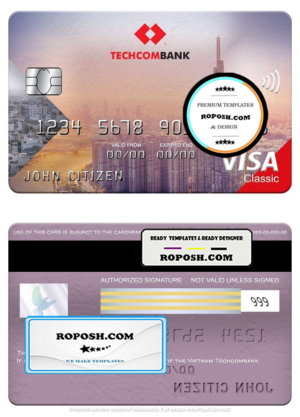 Vietnam Techcombank visa classic card, fully editable template in PSD format