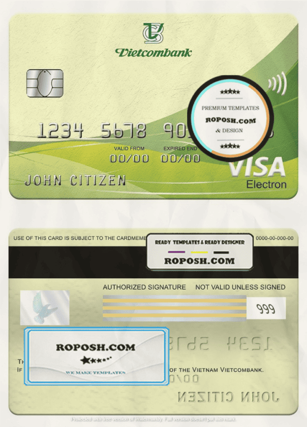 Vietnam Vietcombank visa electron card, fully editable template in PSD format
