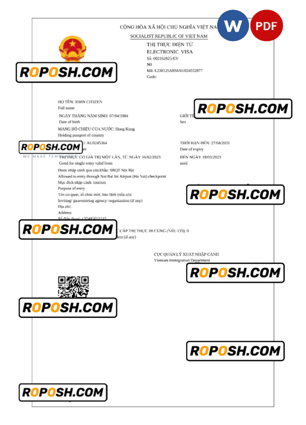 Vietnam electronic visa Word and PDF template