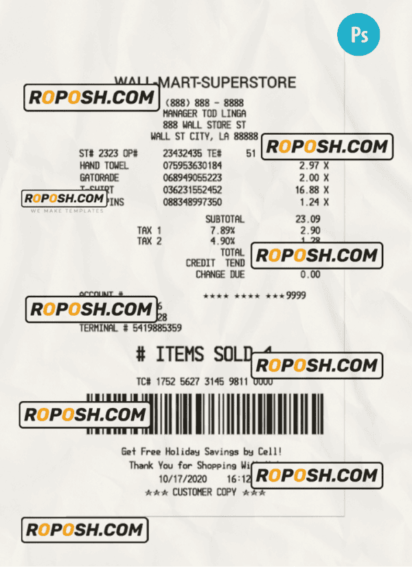 WALL-MART-SUPERSTORE payment receipt PSD template