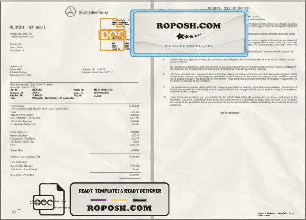 USA Mercedes-Benz invoice template in Word and PDF format, fully editable