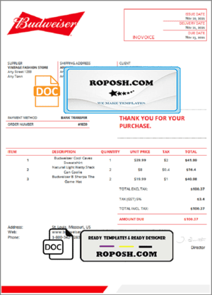 USA Budweiser invoice template in Word and PDF format, fully editable
