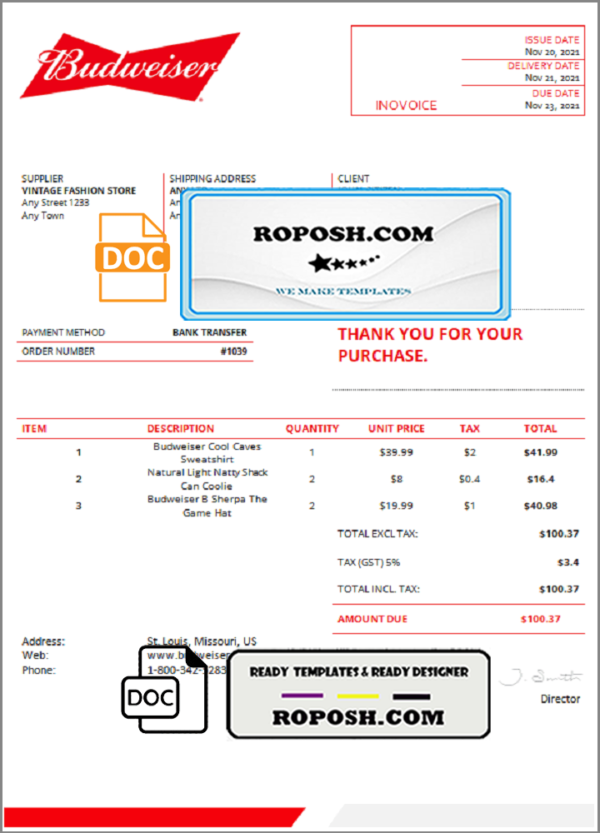 USA Budweiser invoice template in Word and PDF format, fully editable