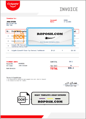 USA Colgate invoice template in Word and PDF format, fully editable