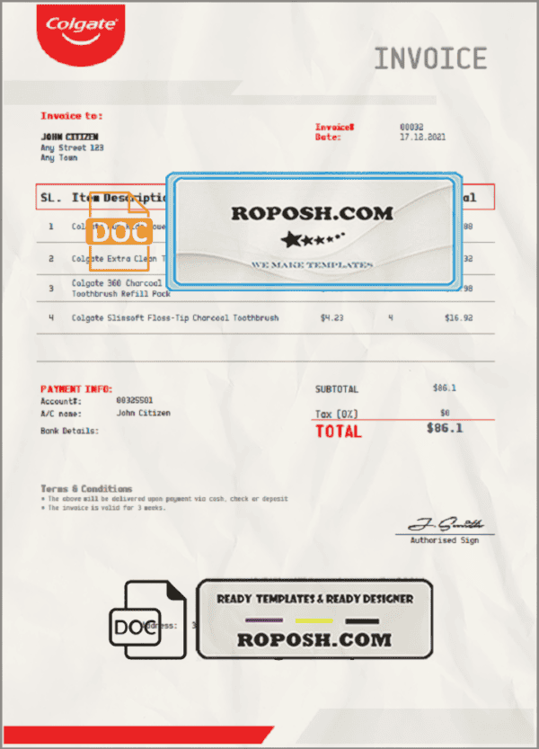 USA Colgate invoice template in Word and PDF format, fully editable