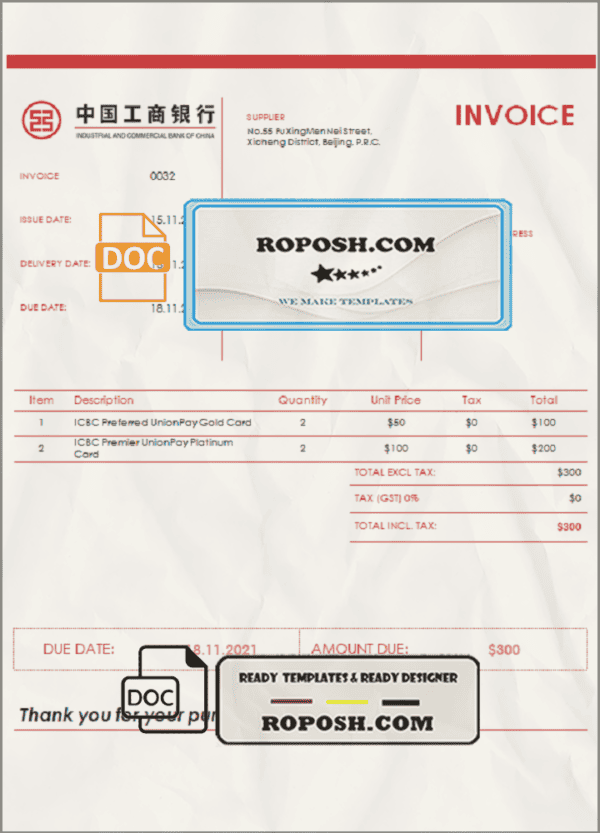 USA ICBC invoice template in Word and PDF format, fully editable