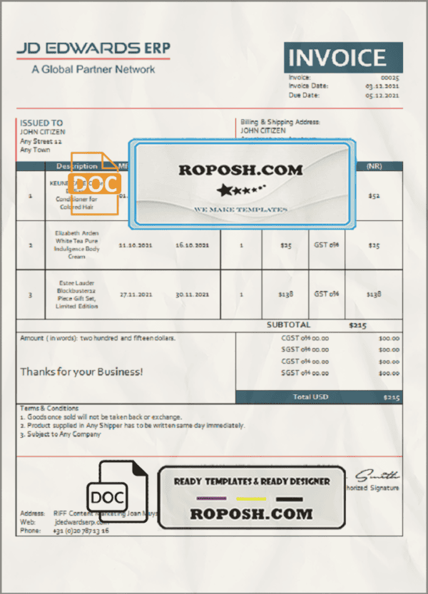 USA JD invoice template in Word and PDF format, fully editable