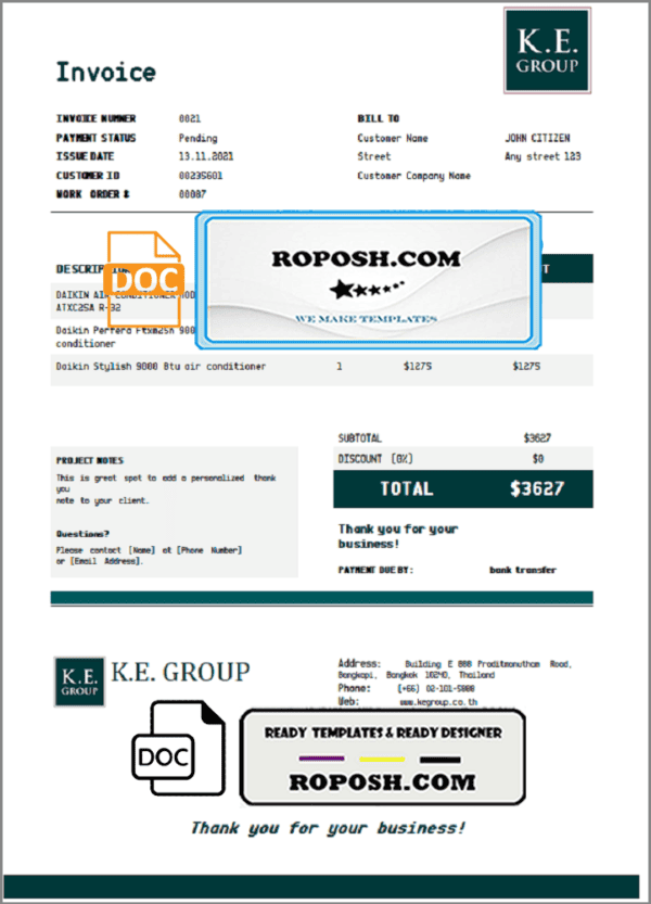 USA KE Group invoice template in Word and PDF format, fully editable