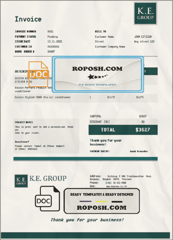 USA KE Group invoice template in Word and PDF format, fully editable