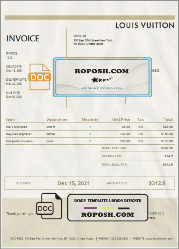 USA Louis Vuitton invoice template in Word and PDF format, fully editable