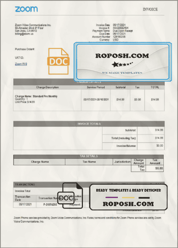 USA Zoom invoice template in Word and PDF (.doc and .pdf) format
