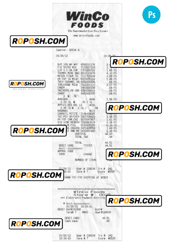 WINCO FOODS payments receipt PSD template