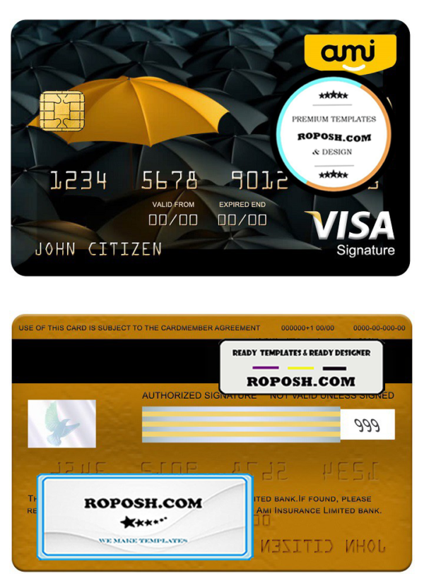 New Zealand Ami Insurance Limited bank visa signature card, fully editable template in PSD format