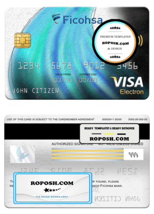 Nicaragua Banco Ficohsa bank visa electron card, fully editable template in PSD format