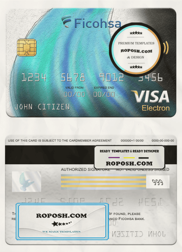 Nicaragua Banco Ficohsa bank visa electron card, fully editable template in PSD format