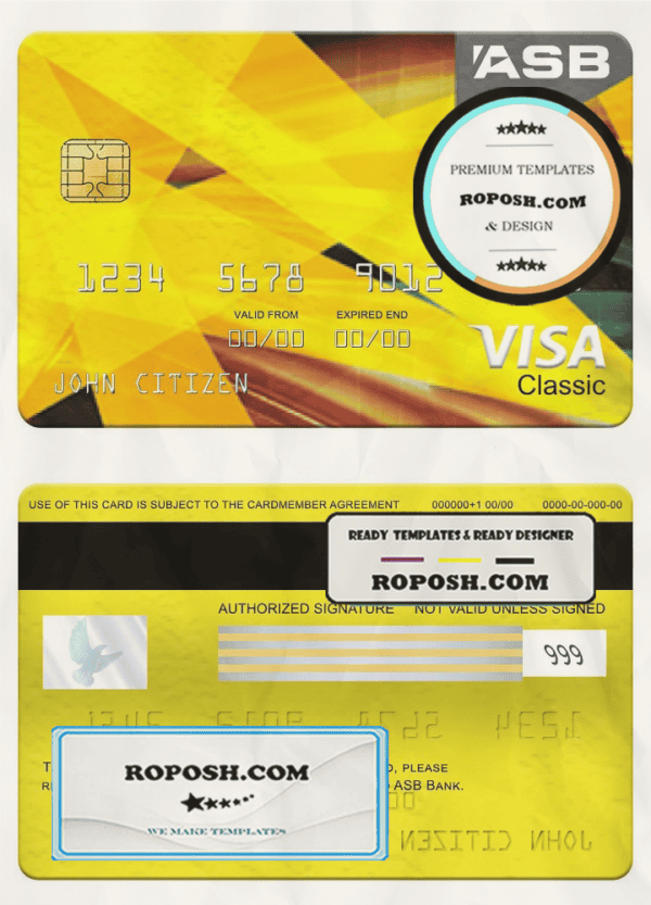 New Zealand ASB bank visa classic card, fully editable template in PSD format