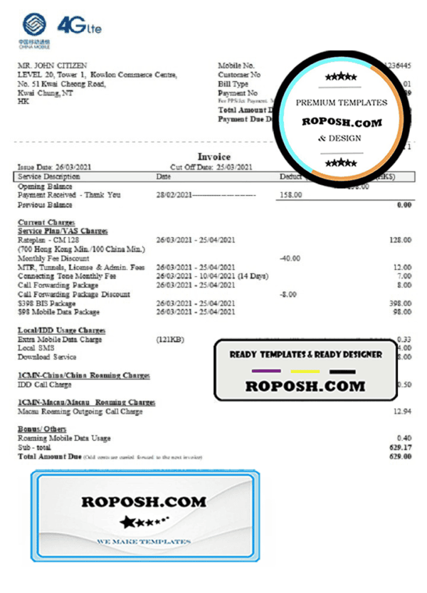 China Mobile Limited payment invoice template in .doc and .pdf format, fully editable