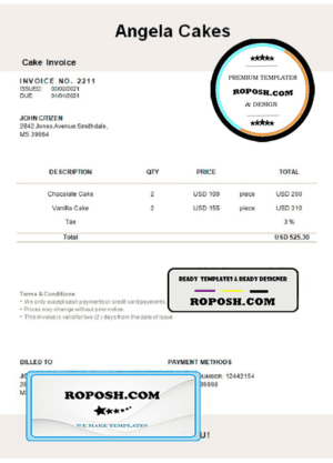 USA Angela Cakes invoice template in Word and PDF format, fully editable