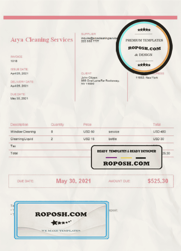 USA Arya Cleaning Services invoice template in Word and PDF format, fully editable
