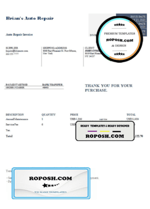 USA Brian’s Auto Repair invoice template in Word and PDF format, fully editable