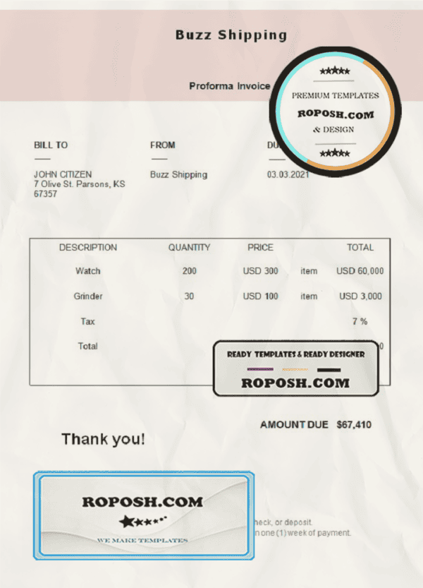 USA Buzz Shipping invoice template in Word and PDF format, fully editable