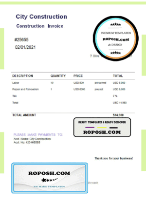 USA City Construction invoice template in Word and PDF format, fully editable