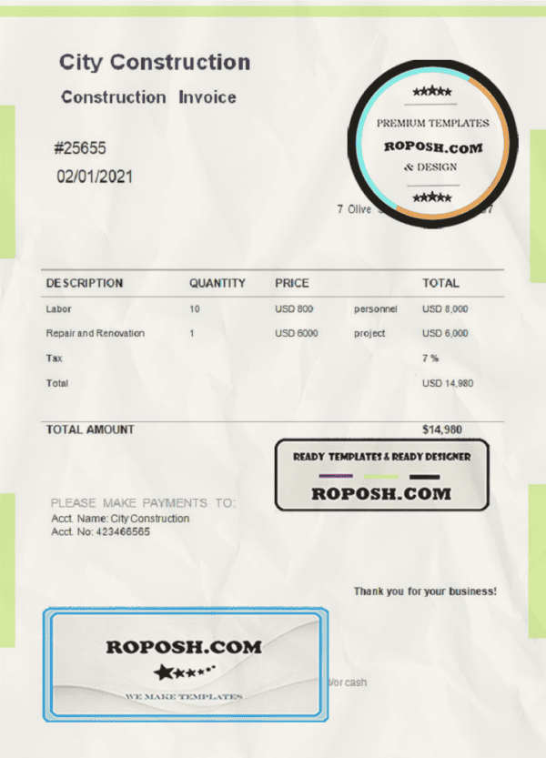 USA City Construction invoice template in Word and PDF format, fully editable