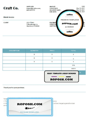 USA Craft Co. invoice template in Word and PDF format, fully editable