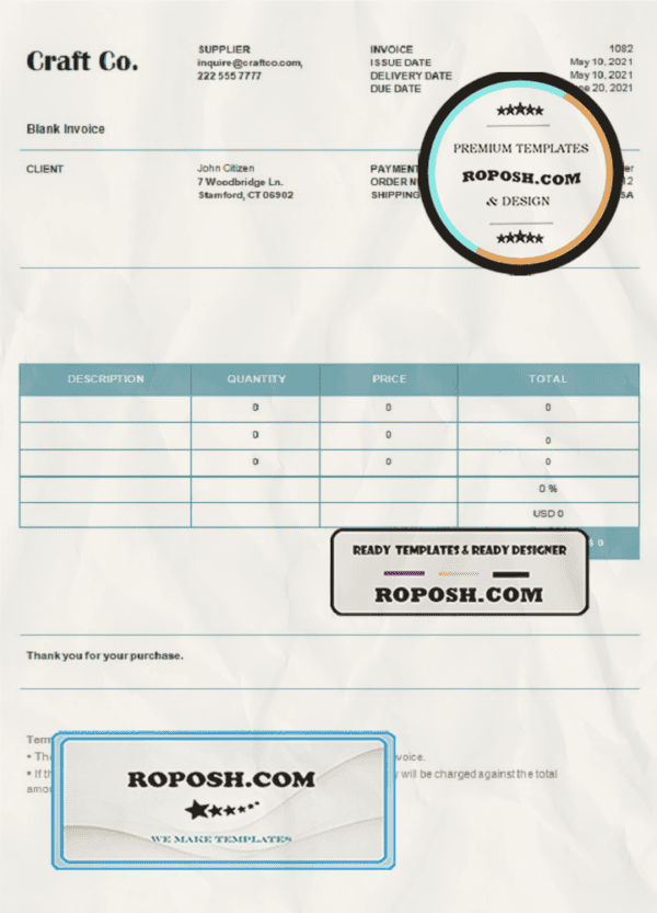 USA Craft Co. invoice template in Word and PDF format, fully editable