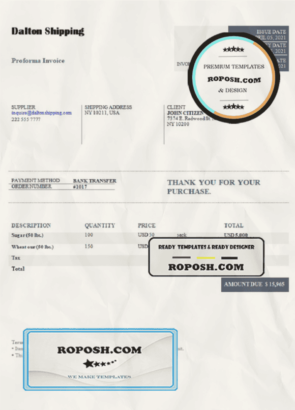 USA Dalton Shipping invoice template in Word and PDF format, fully editable