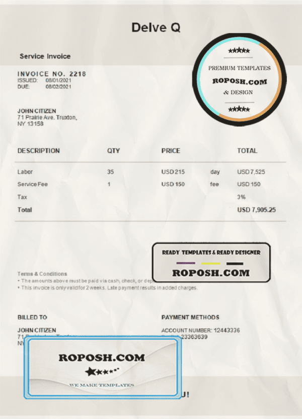 USA Delve Q invoice template in Word and PDF format, fully editable