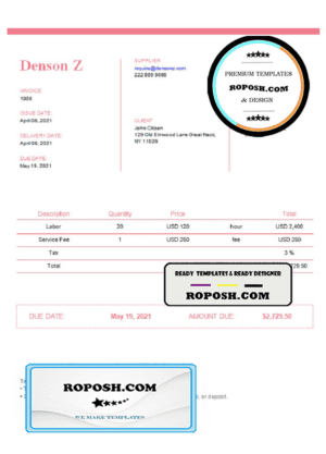 USA Denson Z invoice template in Word and PDF format, fully editable