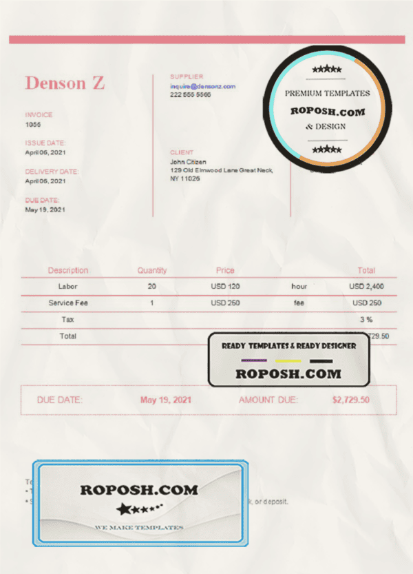 USA Denson Z invoice template in Word and PDF format, fully editable