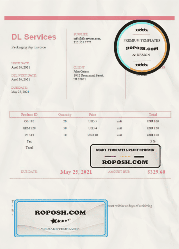 USA DL Services invoice template in Word and PDF format, fully editable