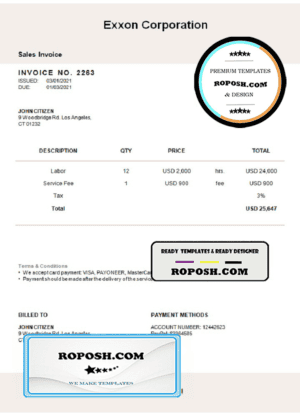 USA Exxon Corporation invoice template in Word and PDF format, fully editable