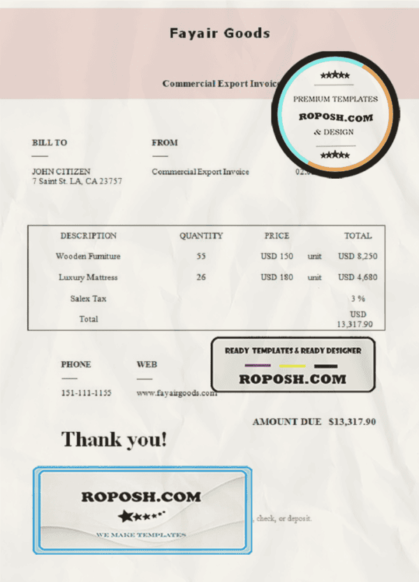USA Fayair Goods invoice template in Word and PDF format, fully editable