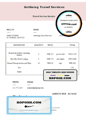 USA GetGoing Travel Services invoice template in Word and PDF format, fully editable