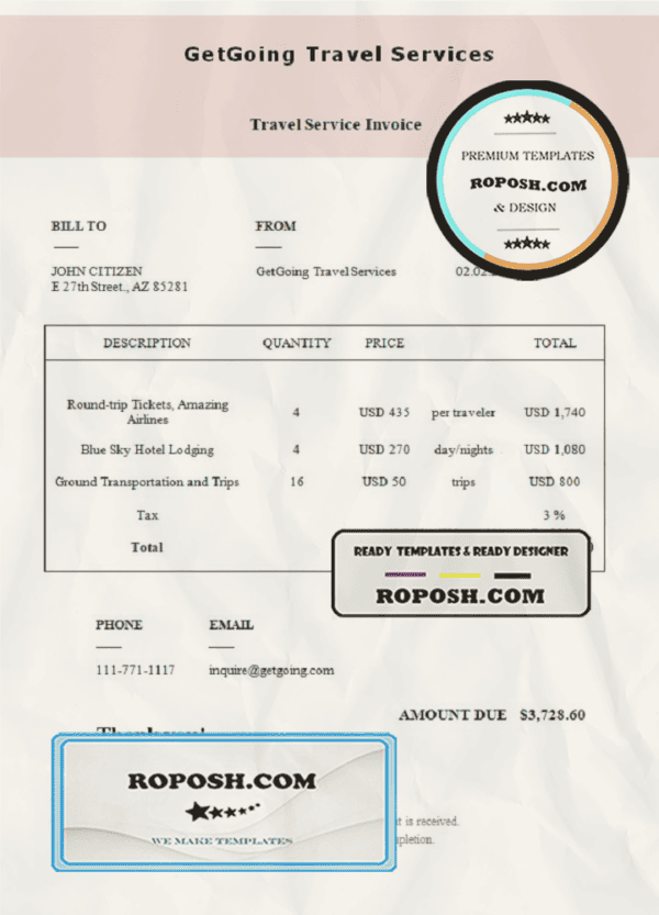 USA GetGoing Travel Services invoice template in Word and PDF format, fully editable
