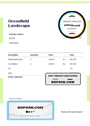 USA Greenfield Landscape invoice template in Word and PDF format, fully editable