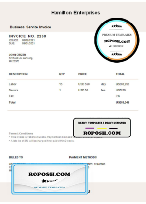 USA Hamilton Enterprises invoice template in Word and PDF format, fully editable