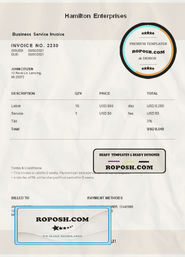 USA Hamilton Enterprises invoice template in Word and PDF format, fully editable